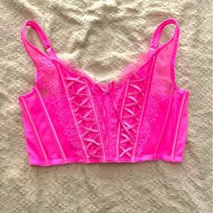 NEW WITH TAGS VICTORIAS SECRET BRA CORSET TOP PINK SHEER LACE BOW TIE LARGE